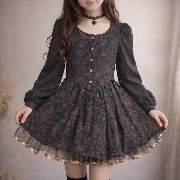 Vintage 90s Girls 12 Floral Party Dress Puff Sleeve Gold Trim Amy Too! Byer CA - Picture 10 of 10